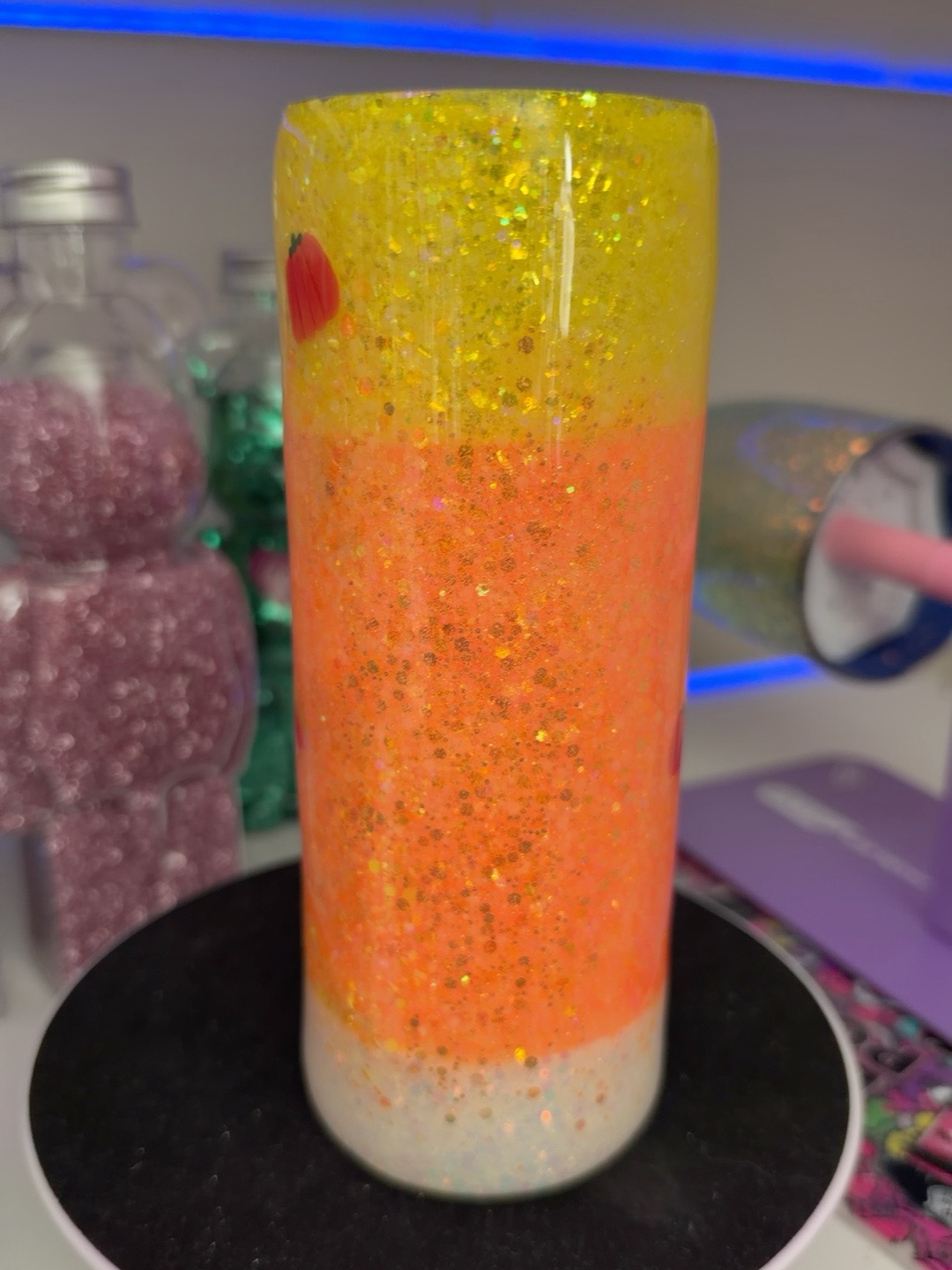 🍬🎃 Glow-in-the-Dark Candy Corn Epoxy Tumbler – 20oz ✨
