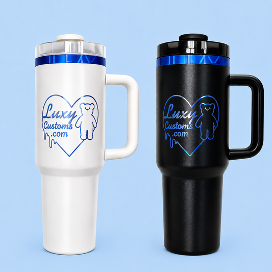 40oz Personalized Blue Engraved Tumbler with Handle | Custom Laser Engraved Cup