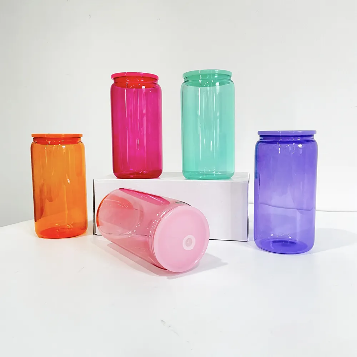 16oz Jelly Colored Glass Can Cup with Lid & Straw | Iced Coffee Glass, Snow Globe Tumbler Base