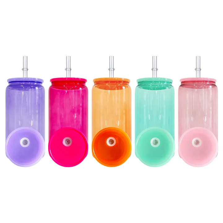 16oz Jelly Colored Glass Can Cup with Lid & Straw | Iced Coffee Glass, Snow Globe Tumbler Base