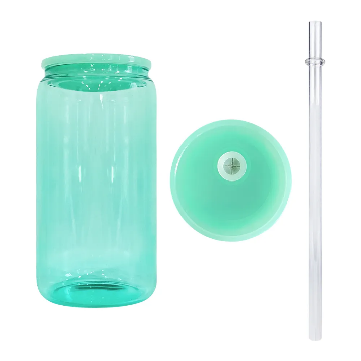 16oz Jelly Colored Glass Can Cup with Lid & Straw | Iced Coffee Glass, Snow Globe Tumbler Base