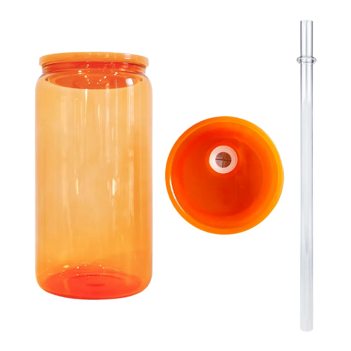 16oz Jelly Colored Glass Can Cup with Lid & Straw | Iced Coffee Glass, Snow Globe Tumbler Base