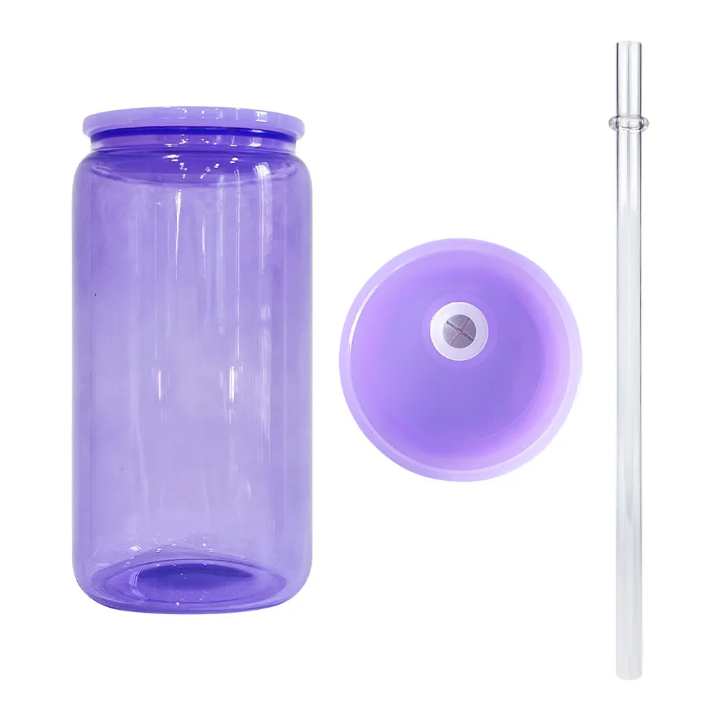 16oz Jelly Colored Glass Can Cup with Lid & Straw | Iced Coffee Glass, Snow Globe Tumbler Base