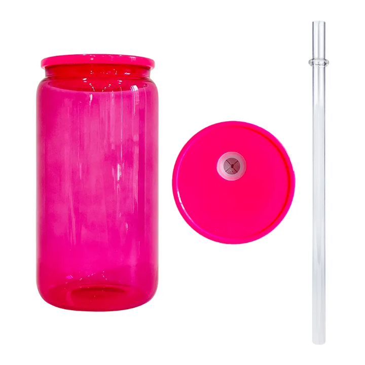 16oz Jelly Colored Glass Can Cup with Lid & Straw | Iced Coffee Glass, Snow Globe Tumbler Base